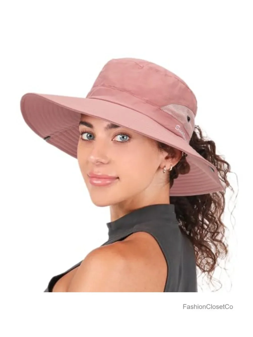 Wide Brim Mesh Bucket Hat with Ponytail Hole